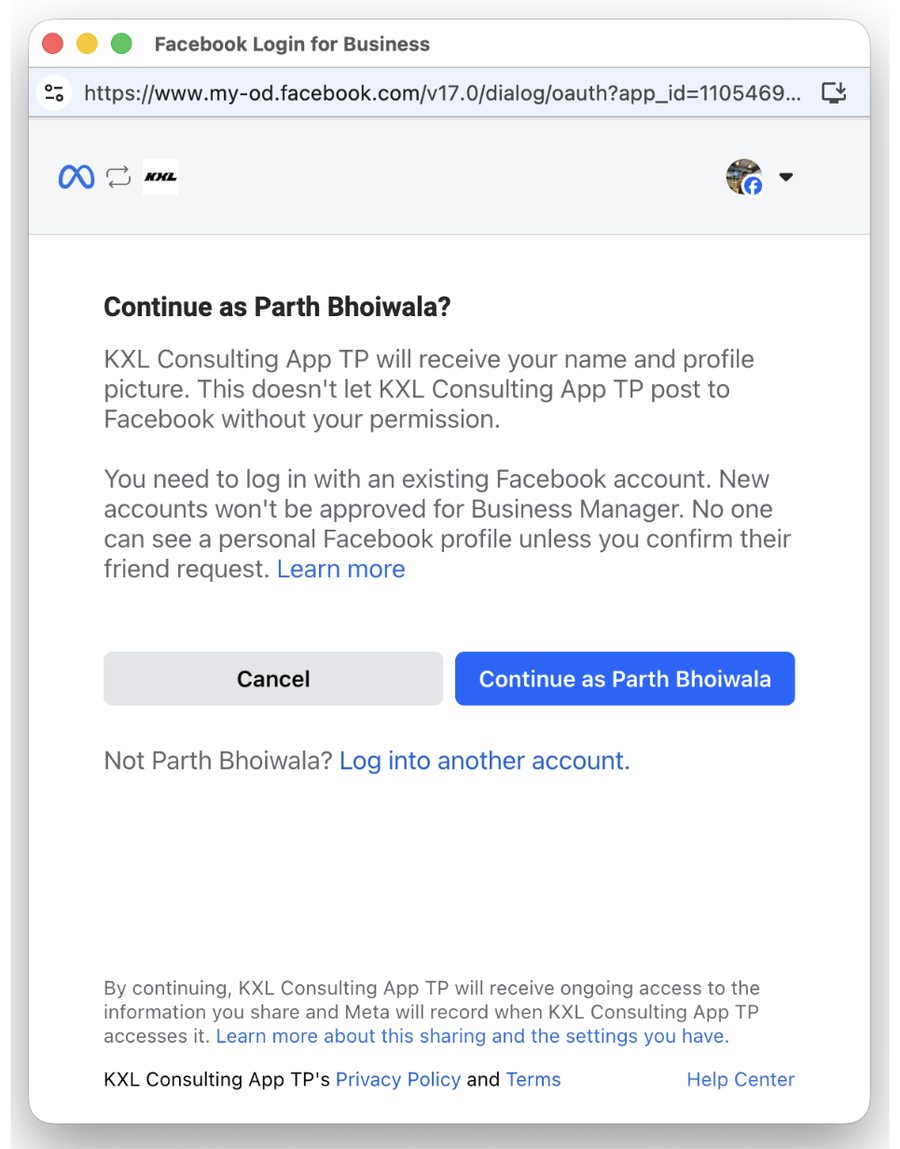 Jendela Facebook Login for Business: Continue as nama pengguna