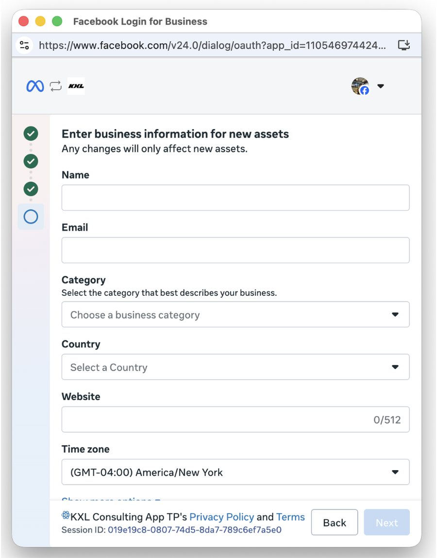 Jendela Meta: Enter business information for new assets