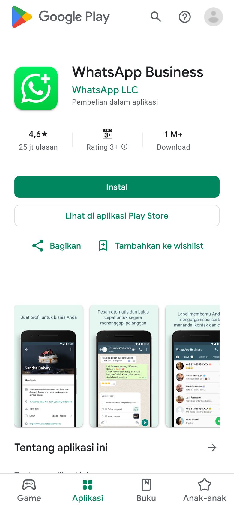 Halaman WhatsApp Business di Google Play dengan tombol Instal