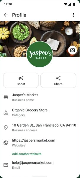 Contoh layar Profile di aplikasi WhatsApp Business: nama usaha, kategori, alamat, situs web, email